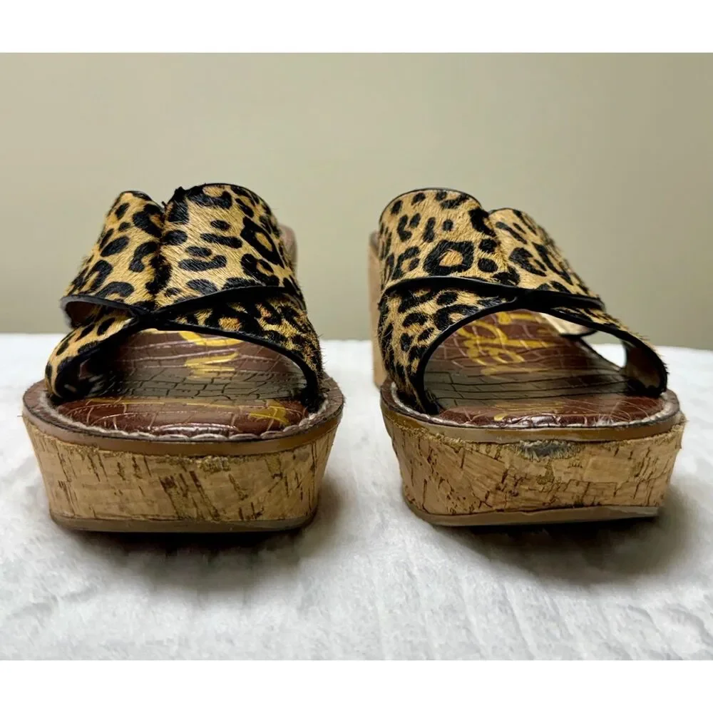 SAM EDELMAN Remini Leopard Calf Hair Cork Wedges, Sz 7.5M